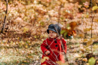 Sonbahar ormanında kırmızı paltolu küçük bir kız yürüyor.