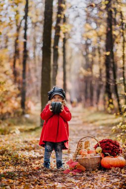 Kırmızı montlu küçük kız sonbahar ormanında elinde bir sepet sonbahar meyvesiyle oturuyor.