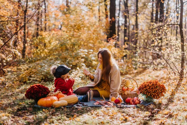 Anne ve kızı, sonbahar ormanlarında sonbahar meyveleriyle birlikte bir paspasın üzerinde oturuyorlar.