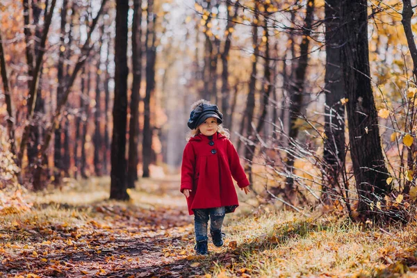 Little Girl Red Coat Walk Autumn Forest — Zdjęcie stockowe