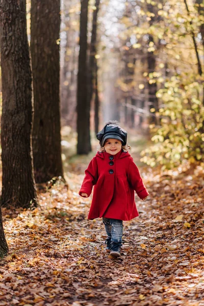 Little girl in a red coat walk in autumn forest