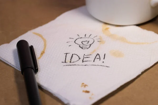 Het Beschrijven Van Big Idea Een Koffie Bevlekte Papieren Servet — Stockfoto