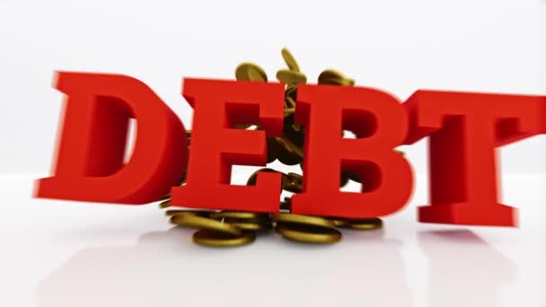 Stapel Gouden Munten Getroffen Door Tekst Debt Weergave — Stockvideo