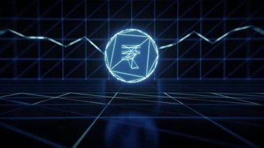 Dijital yüzeyde yüzen dijital Rupi madeni parası, arka planda büyüme grafiği. Neon tasarımı. 3 Boyutlu Hazırlama.