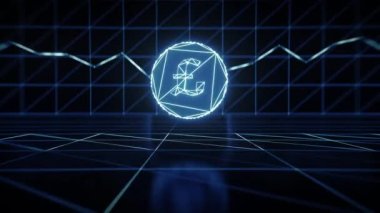 Dijital yüzeyde yüzen dijital pound sikke, arka planda büyüme grafiği. Neon tasarımı. 3 Boyutlu Hazırlama.