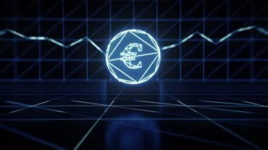 Dijital yüzeyde yüzen dijital Euro sikkesi, arka planda büyüme grafiği. Neon tasarımı. 3d hazırlayıcı.