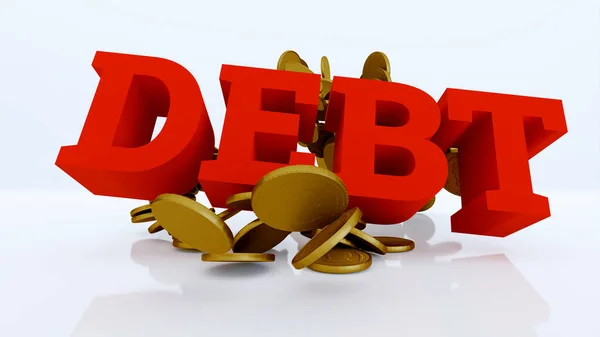 成堆的金币被文字击中了 Debt 3D渲染 — 图库照片