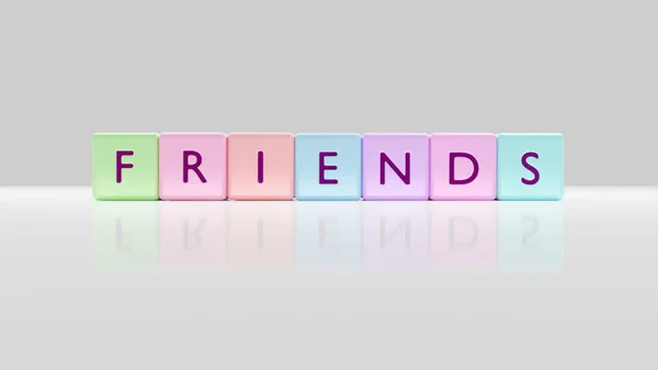 FRIENDS engraved on colorful 3D blocks or beads. White background