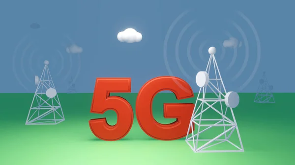 Parlak kırmızı 5G sembolü ile birlikte yeşil üsteki beyaz kuleler ve bulutlu mavi gökyüzü. Çizgi film tarzı. Web, yazıcı ya da metin alanı ile video için iyi. 3 Boyutlu Hazırlama