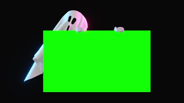Söt Vit Duk Halloween Ghost Flytande Håller Grön Skärm Kort — Stockvideo