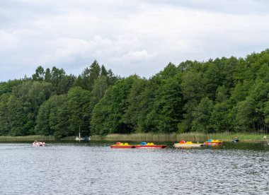 Polonya 'daki Steszewskie Gölü' nün Eko Plaza sahilinde küçük kiralık tekneler ve bir orman.