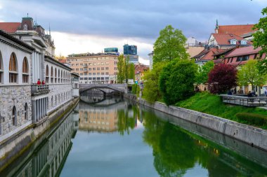 Slovenya 'da bir kentte köprüsü olan sakin bir nehir.