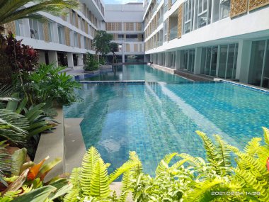 Endonezya, Bali 'deki Hotel D' Lükor 'da güzel bir havuz görüntüsü.