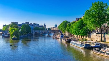 Paris, Pont-Neuf manzarası ve Cite nehri, yüzen yüzler ve güzel yüzler.