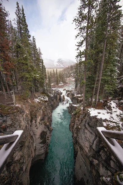 Vertical Shot Athabasca Falls Canyon Famous Landmark Alberta Jasper Canada — Stock Photo, Image