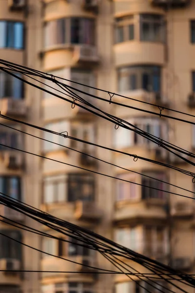 A vertical close-up of wires against blurry building background, Shanghai, China