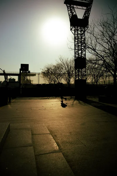 Silhouette Metal Structure Yard Sunrise — Stock Photo, Image