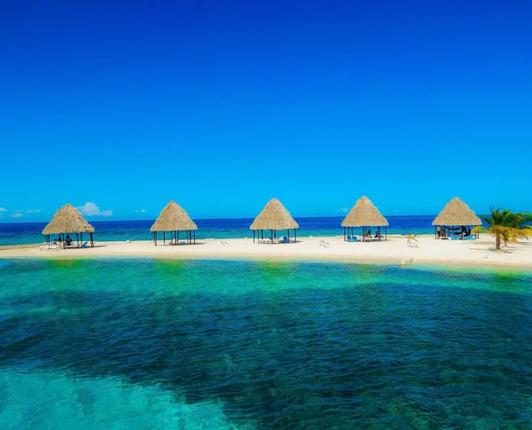 Guarda Chuvas Palha Grandes Uma Praia Arenosa — Fotografia de Stock