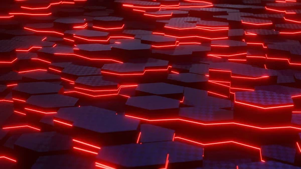 A 3D illustration of a digital black hexagonal platforms with texture lined with red lights