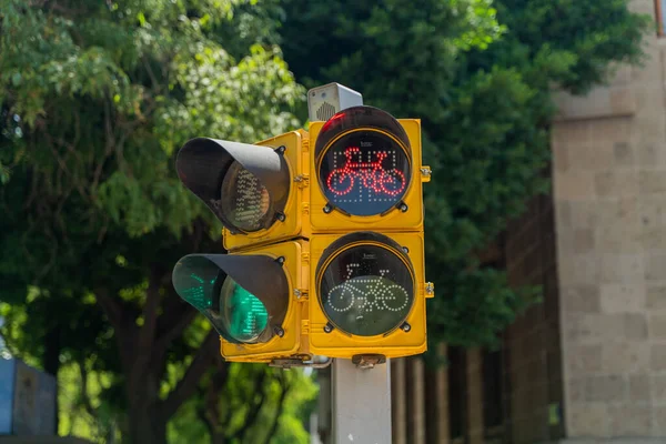A close-up shot of a traffic light stand with a bicycle icon.