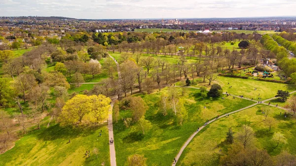 Eine Schöne Luftaufnahme Eines Parks Mit Bäumen Und Einer Stadt — Stockfoto