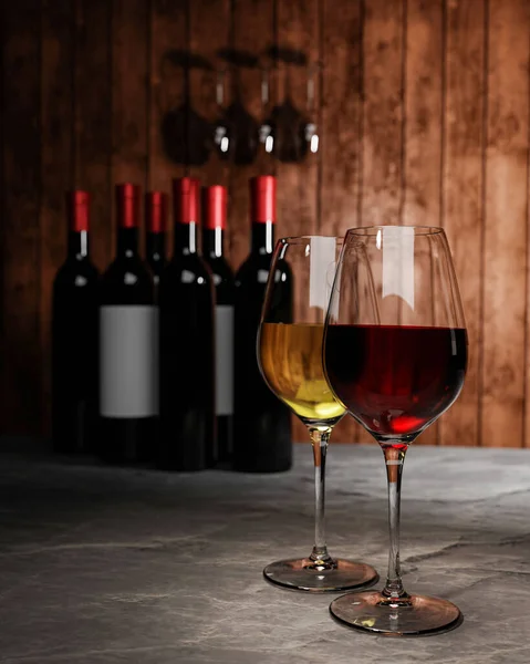 Απόδοση Ποτηριών Κόκκινου Και Λευκού Κρασιού Στο Φόντο Φιαλών Κρασιού — Φωτογραφία Αρχείου