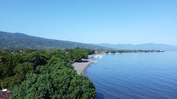 Colpo Aereo Paesaggio Costiero Fiancheggiato Alberi Sotto Cielo Blu — Foto Stock