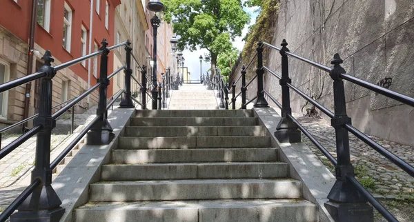 Eine Flache Aufnahme Von Treppen Mit Schwarzem Geländer Und Bäumen — Stockfoto