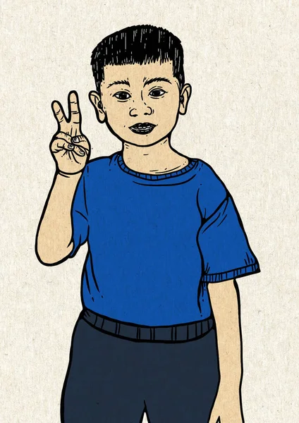 A vertical illustration of a small boy in a blue t-shirt showing V sign. Peace.