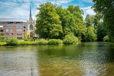 Hollanda 'nın Limburg eyaletinde Meerssen Bazilikası, Proosdij parkından görüldü.