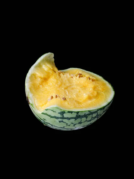 Closeup Shot Watermelon Citrullus Lanatus Yellow Isolated Black Background — Stock Photo, Image