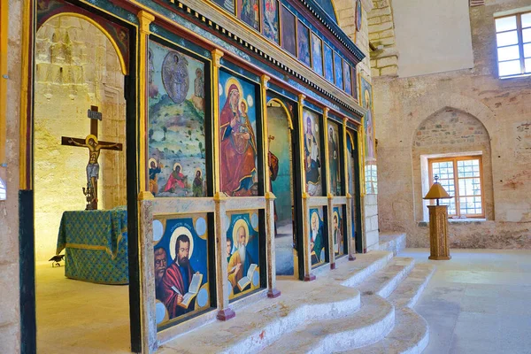 Ícones Cruz Iconostase Decoração Interiores Templo Igreja Transfiguração Cristo Castelo — Fotografia de Stock