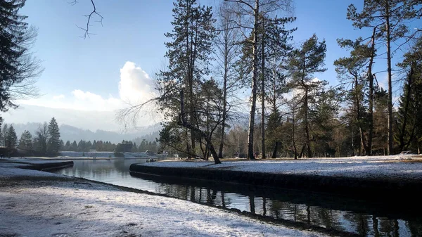 Uma Bela Paisagem Com Rio Inverno Eslovênia — Fotografia de Stock