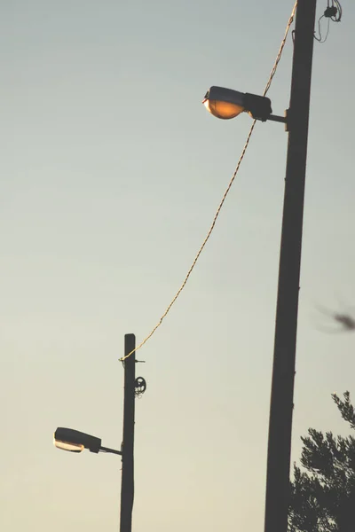 Vertikální Záběr Pouličních Lamp Tyčích Ponurý Den — Stock fotografie