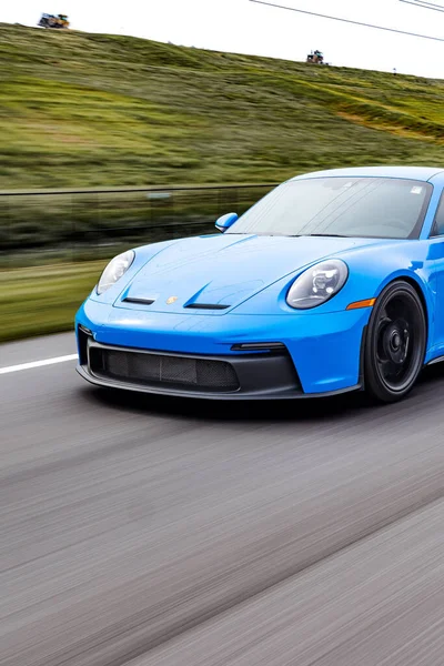 Vertical Shot Blue Porsche 911 Gt3 Sportscar Motion — Stock Photo, Image