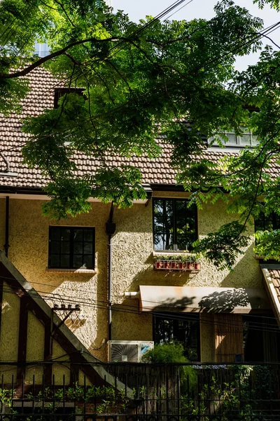 Blick Auf Ein Altes Haus Mit Grünen Bäumen Einem Sonnigen — Stockfoto