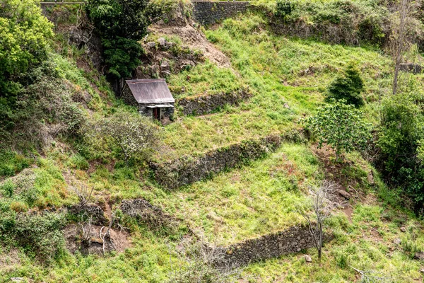 Bellissimo Paesaggio Una Piccola Capanna Legno Pendio Verde Coperto Montagna — Foto Stock