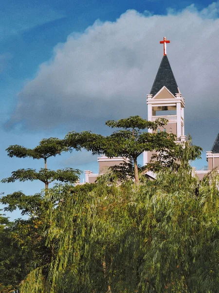 Pionowe Ujęcie Kościelnej Wieży Przeciw Zachmurzonemu Niebu Zieloną Roślinnością Pierwszym — Zdjęcie stockowe