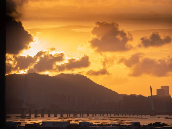 Вид Воздуха Мост Через Залив Шензен Гонконге Закате — стоковое фото
