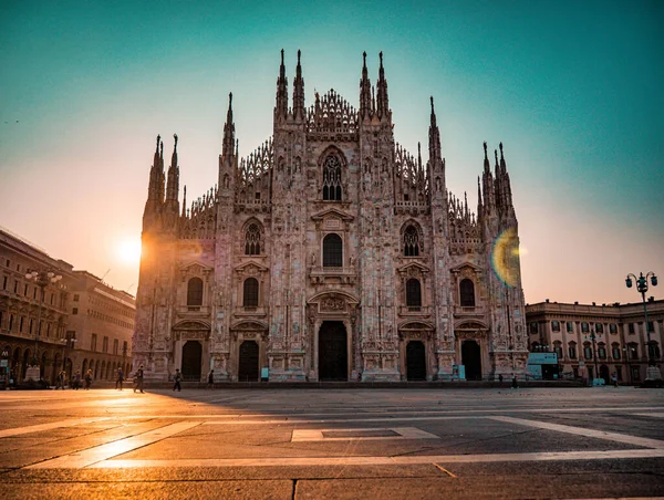 Panoramic View Piazza Del Duomo Cathedral Square Sunrise Milan Italy — Stock Photo, Image