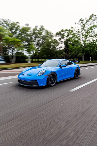 Vertical Shot Blue Porsche 911 Gt3 Sportscar Motion — Stock Photo, Image