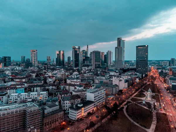 Lång Exponering Frankfurts Stadsbild Vid Solnedgången Tyskland — Stockfoto