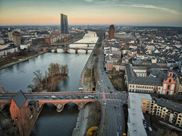 Dlouhé Vystavení Frankfurtu Nad Mohanem Při Západu Slunce Německo — Stock fotografie