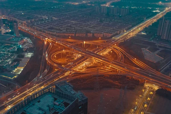 Aerial View Illuminated Highway Overpass Bridge Shanghai Night — Stock Photo, Image