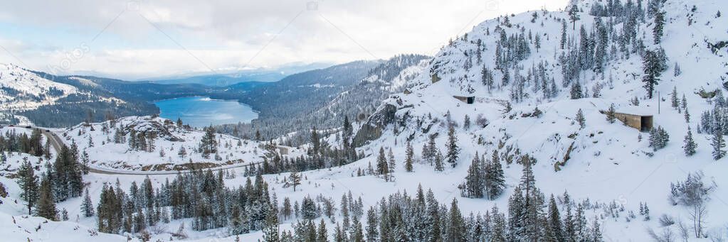 The Donner lake under the snow in winter, in the Nevada