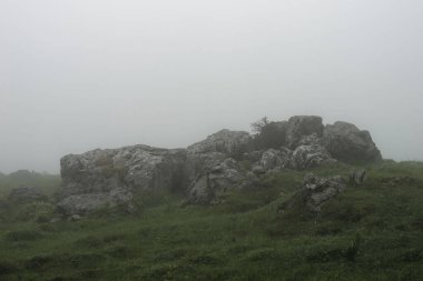 Slovenya 'nın Velika Planina kentindeki sisli bir günde dağdaki bir kaya oluşumunun büyüleyici görüntüsü