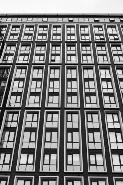 Pencere duvarlı bir gökdelenin gri ölçekli düşük açılı görüntüsü
