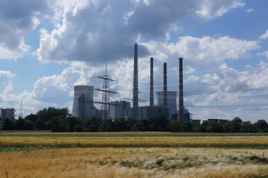Almanya 'nın Hanau kenti yakınlarındaki Staudinger kömür yakıtlı enerji santrali, yüksek voltajlı hatlarla bir tahıl tarlasının arkasında mavi-beyaz gökyüzüne karşı.
