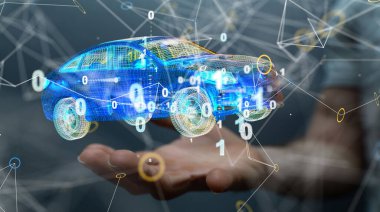 İkili kodlu üç boyutlu bir araba bir adamın elinde geziniyor.