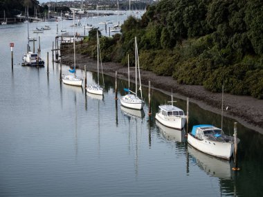 Tamaki Nehri 'nin (Auckland, Yeni Zelanda) demirli tekneleriyle hava manzarası. Stok fotoğrafı.
